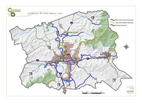 Connecting Buncombe: Plans call for linking many county towns, parks, neighborhoods and schools with about 83 miles of greenways along corridors such as the French Broad and Swannanoa rivers. map courtesy Equinox Environmental