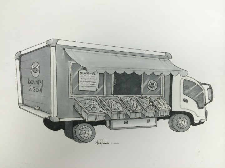 A rendering of Bounty & Soul's proposed mobile market, housed in a 16-foot box truck. Sketch courtesy of Bounty & Soul. 