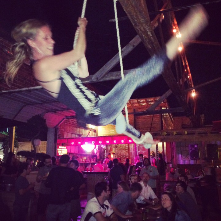 Trapeze artist Sayde Osterloh was among several performers at Ben's Beer Carnival. Photo by Jake Frankel.