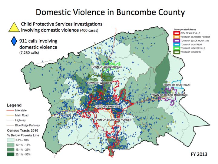 This infographic via Buncombe County government shows the locations of domestic violence incidents that took place in 2013 as well as average income levels.