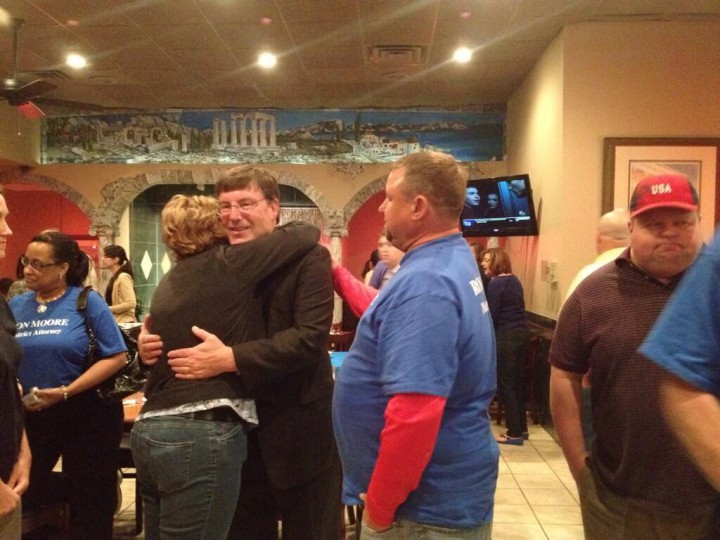 Ron Moore hugs supporters after conceding defeat to challenger Todd Williams. Photo by Hayley Benton.