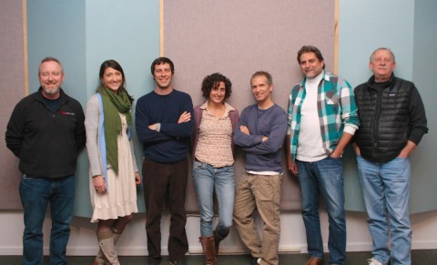 AT THE CROSSROADS: From left, Tim Surrett, producer for Mountain Home and bass player for Balsam Range; Nancy Hilliard Joyce, local designer for the CD covers for Red June and Balsam Range; John Cloyd Miller, Natalya Weinstein Miller and Will Straughan of Organic Records recording artists Red June; Van Atkins, Crossroads studio engineer; Mickey Gamble, Crossroads co-owner and C.O.O. Photo courtesy of Crossroads