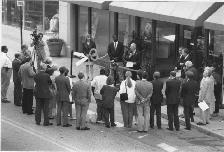 DOWNTOWN VIEWS: Both city and county leaders, such as Gene Rainey, former chair of the Buncombe Board of Commissioners, recognized downtown’s potential. In 1996, Asheville’s Downtown Vision Project opened on Haywood Street at the city’s development office. (File photo)