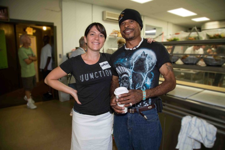 The Junction Bar Manager Courteney Foster, left, with Terrace Rumph, right, at a recent Welcome Table lunch. Rumph is employed as a roofer, but he and his wife are currently homeless and sleeping on the porch of a friend's house. He says he offers that space to others in need when he can. "I don't have much," he says, "but I try to help out whenever I can."