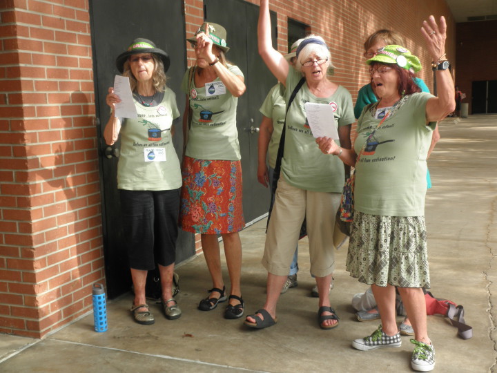 Outside the hearing venue at Western Carolina University on Sept. 12, the Raging Grannies sang to express their outrage against fracking.