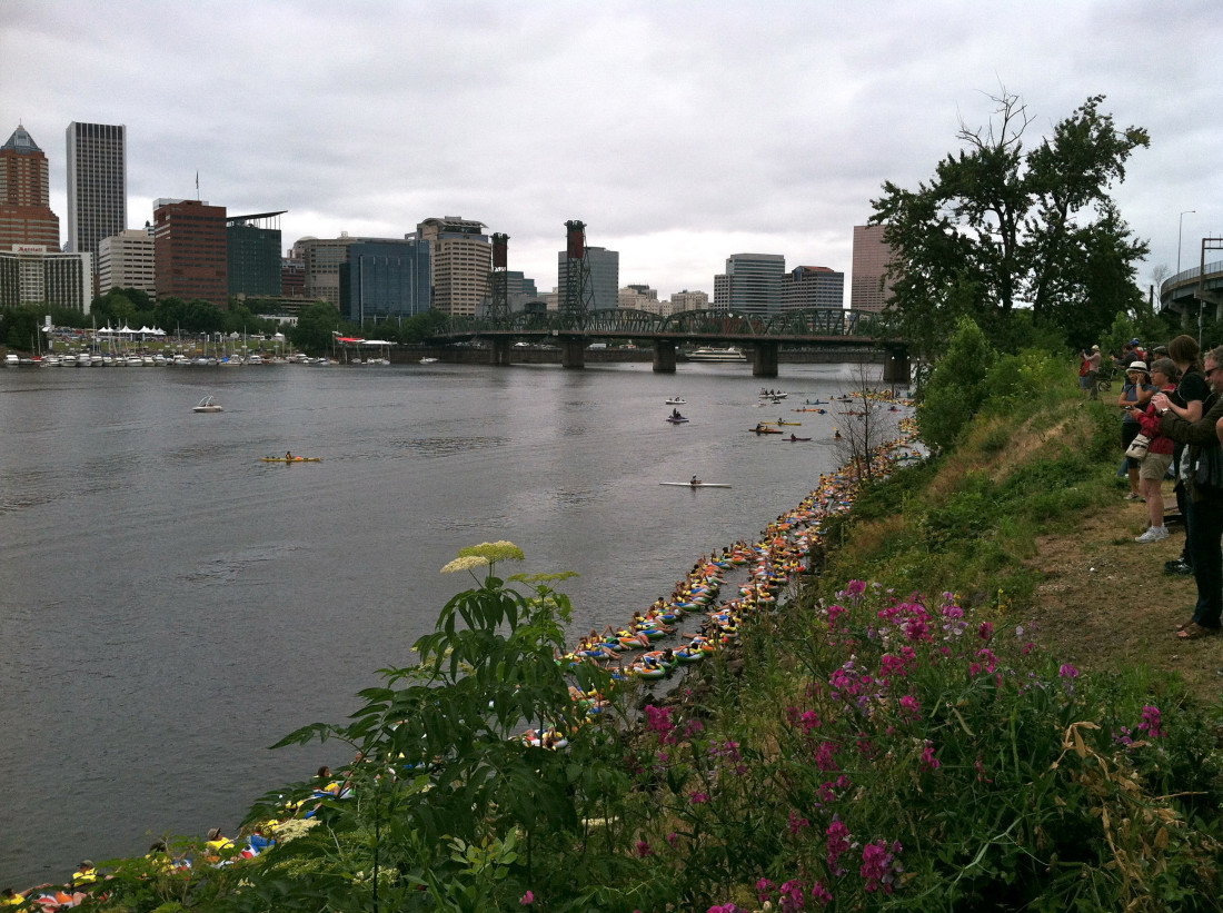 This photo was taken along the Willamette River as a Portland group captured the Guinness world record for interconnected tubers in 2013. Photo courtesy of Willie Levenson.