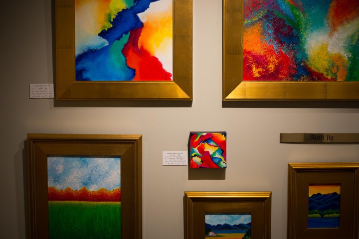 Artist Ruth Jlg has colorful paintings displayed at the Asheville Gallery of Art.