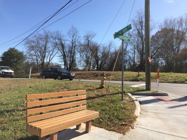 The plan calls for giving White Oak apartment residents free bus passes but there’s no sidewalk to get to the nearest bus stop, which is about a half-mile away here at the corner of Louisiana Ave. 