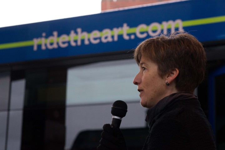 Julie Mayfield, chair of the city's transit committee, speaks at a press conference welcoming Sunday bus service Jan. 4.