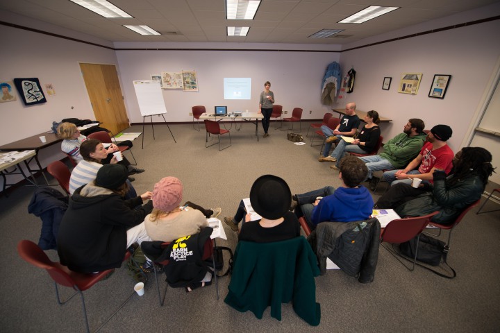 Roundtable: talking workers rights at the W. Asheville library.