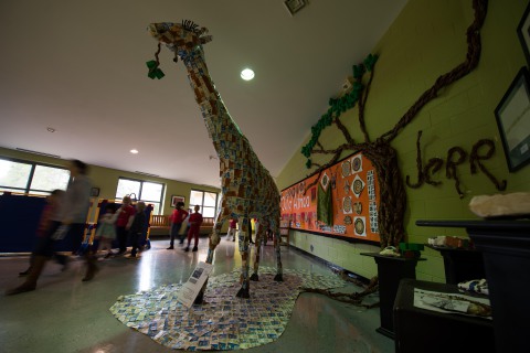 In all his glory: Jerry the giraffe stands proud outside the auditorium at Ira B. Jones Elementary.