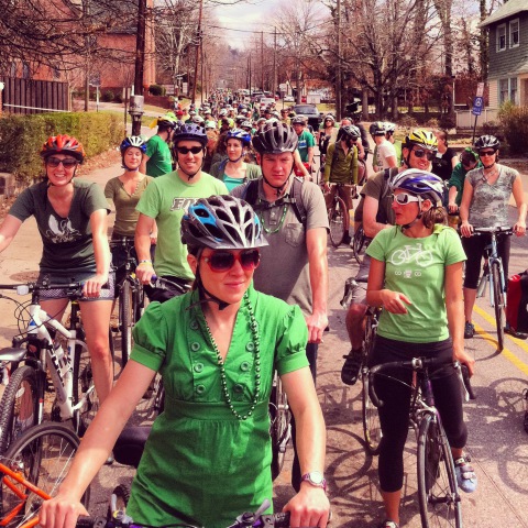 Each spring Asheville on Bikes organizes a St. Patrick’s Day community ride to helping bring the riding community together and show support for infrastructure improvements. 