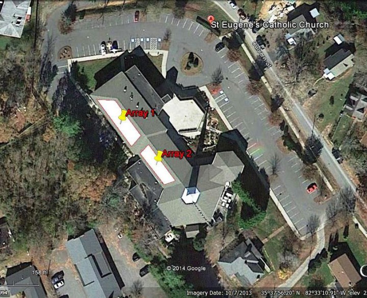 Planned rooftop location for solar panels for St. Eugene Catholic Church in North Asheville. The 45.99 KW system includes 146 solar panels. Photo courtesy of St. Eugene Catholic Church 