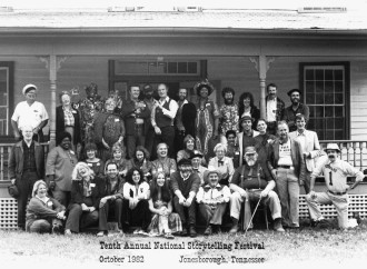 ALL TOGETHER NOW: The 10th annual National Storytelling Festival, held in 1982, included WNC-based tellers such as ballad singer Dellie Norton, naturalist Doug Elliott, musician and UNC-TV personality David Holt, National Heritage fellow Ray Hicks, song preservationist Frank Proffitt Jr. and Connie Regan Blake of duo Folktellers. Photo courtesy of the International Storytelling Center