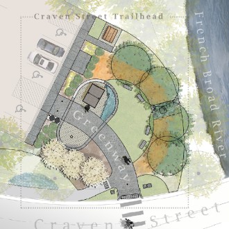 A PLACE TO START — The Craven Street trailhead will welcome walkers to Asheville's river greenways. Illustration by Equinox