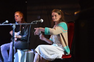 NEW TALE TO TELL: Busker Abby Roach, aka Abby the Spoonlady, right, performs at a Black Box Storytelling Theater production with Vaden Landers. Photo courtesy of David Joe Miller 