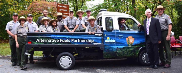 Park staff and others help show off the new low-speed EVs in use in the Park. Photo courtesy of Land Of Sky.