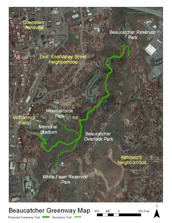 Beaucatcher Greenway route map showing anchor park locations. Map provided by the Asheville Parks & Recreation Department.