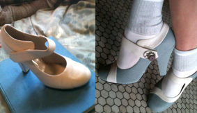 Before and  after of shoes. Total cost was $1.50 plus paint and doodads McKinney had on hand. 