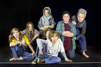 COAL IN THEIR STOCKINGS: When the badly behaved Herdman siblings are cast in the local Christmas pageant, the production takes a surprising turn. From left, Katie Purnell, Rohan Myers, Nora Flynn-McIver, Will Cowan, Alex Gast and Sam Collett. Photo by Studio Misha 