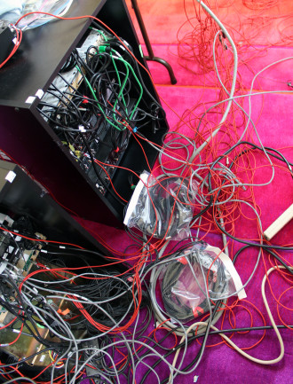 A tangle of wires getting sorted out during the WPVM station move. Photo by Virginia Daffron.