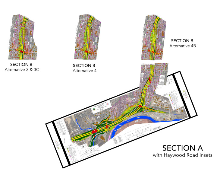 Section A with the Haywood Road insets for differing Section B plans. Click on the image to enlarge.