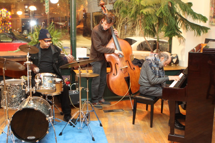 MUSICAL GEMS: The same jazz trio that entertained the packed house at THE BLOCK off biltmore's Nov. 15 Green Party fundraising event will perform for the bar's vegan Thanksgiving Day soireé. Sonny Thornton is on drums, Harvey Diamond is on piano and Will Beasley is on bass. Photo courtesy of Cam MacQueen