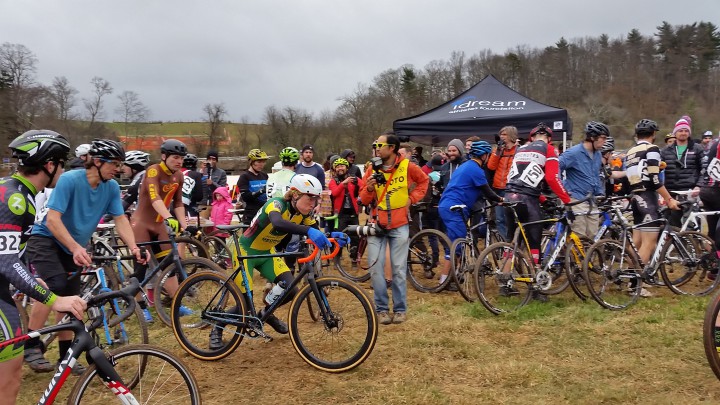 All carbed up: Reid Beloni, in front, about to jump on bike in the Donut Race at the 2016 Cyclocross Nationals. Photo by Joshua Cole