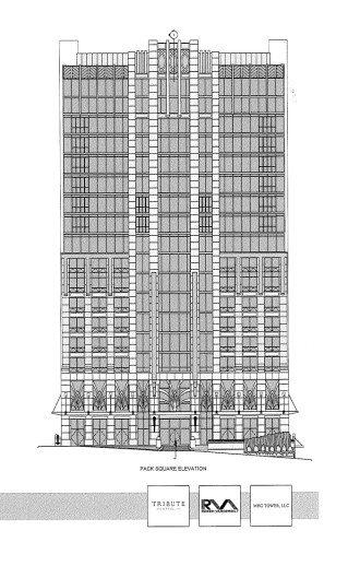Pack Square elevation showing proposed new exterior design of One West Pack Square. Image by McKibbon Hotel Group
