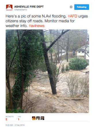 Tweet of North Asheville flooding from Asheville Fire Department. AFD urges drivers to stay off of roads. Image via AFD/twitter.