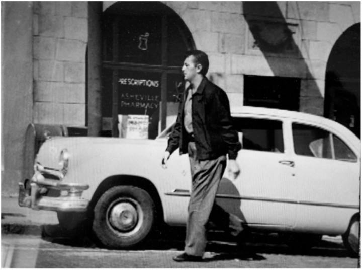 Luke Doolin (Robert Mitchum) in front of the old Asheville Pharmacy on Market Street across the street from what is now the Dueling Piano Bar. Photo courtesy of Park Circus
