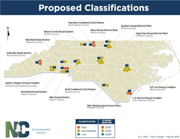 Map of coal ash ponds and their classification by risk factor. From the N.C. Department of Environmental Quality