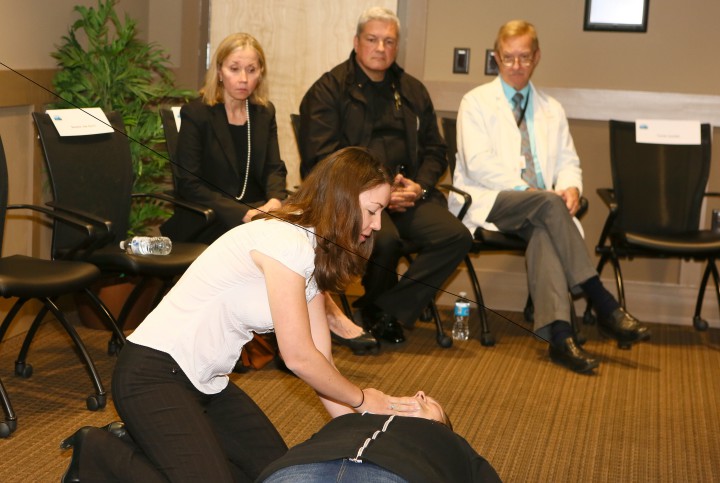 Tessie Castillo demonstrates proper procedure for administering NARCAN. Photo courtesy of Smoky Mountain LME/MCO