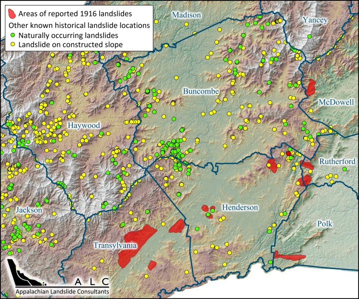 AN EPIC DISASTER: This map shows the general areas where landslides were reported in the July 15-16, 1916, storm as well as the locations of all other known, historical landslides. Only Buncombe and Henderson counties and parts of Haywood County have complete landslide inventories (Jackson County’s mapping is currently underway). Map produced by Appalachian Landslide Consultants. Data provided by ALC and the N.C. Geological Survey. For more info about landslides in WNC, visit www.appalachianlandslide.com