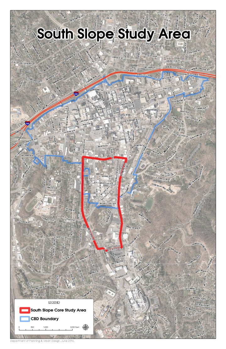 SLOPE SCOPE: As the city asks for funding to expand downtown into the South Slope, defining the area becomes critical. A proposed map of the district extends along Biltmore Avenue to include Mission Health. Graphic courtesy of the city of Asheville