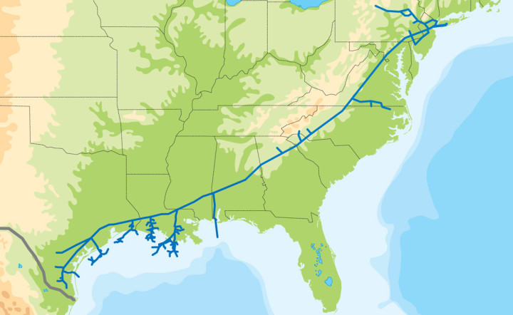 NOTES FROM THE UNDERGROUND: From Texas to New York, the Transco pipeline transports natural gas up to 10,000 miles from wellhead to end user. Map courtesy of Williams
