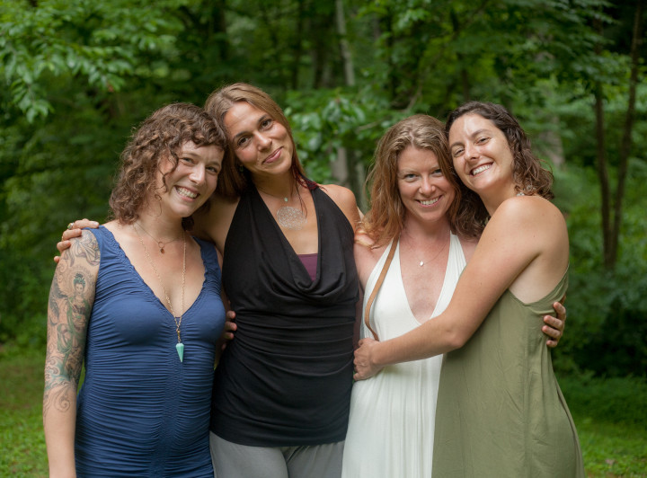 ALL TOGETHER: Asheville's local qoya teachers emphasis how the practice builds and deepens community. Pictured left to right: Lyndsey Azlynne, Tina Doellgast, Caroline Padgett, Virginia Rosenberg. Not pictured: Kitty Cavalier. Photo by Emily Nichols.