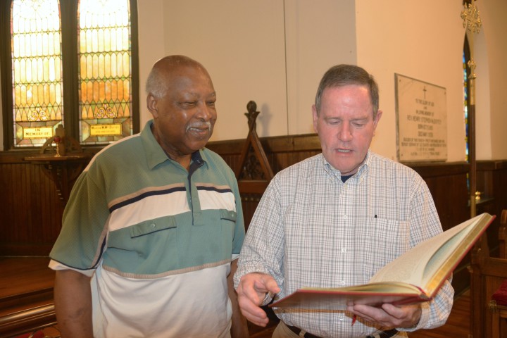 David Jones and Rev. Jerry Prickett talk about the Biblical passage for the service.