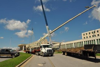 A crane lifts the new MRI machine into the Charles George VA Medical Center. Pgoto courtesy of Charles George VA Medical Center