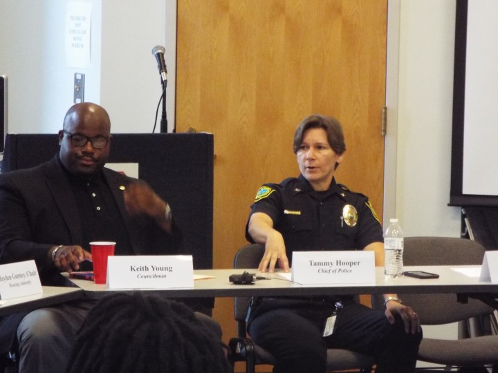 Chief Tammy Hooper talks recruitment and policing at the Citizens Police Advisory Committee meeting in September. City Council member Keith Young listens and takes note. Photo by Able Allen