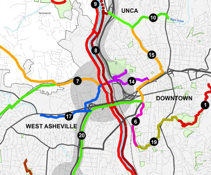 CITY CONNECTIONS: A section of Asheville's conceptual greenway map shows connections into and through the RAD. The French Broad River - West (light red) and East (dark red) greenways will run along the river, While the Clingman Forest greenway (Light Pink 6) and Town Branch greenway (olive/gold 19) will offer connections to downtown, the South Slope and the Beaucatcher greenway. Image via City of Asheville