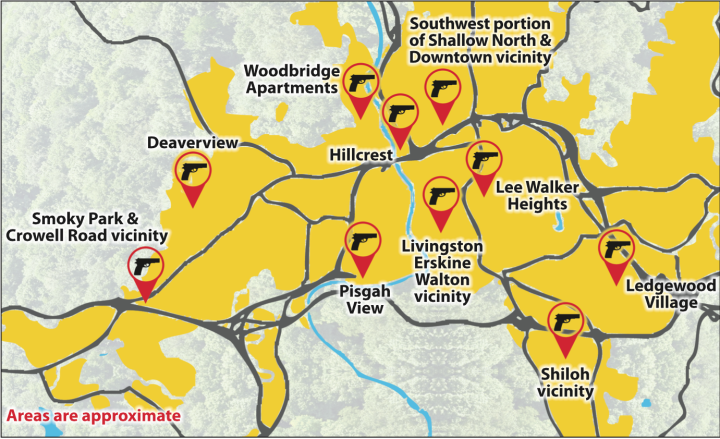 HOT SPOTS: The Asheville Police Department has identified 10 geographical areas as hot spots for reported gun activity, most of which are in public housing or other lower-income neighborhoods of the city. “Since May 1, 2016, these 10 locations accounted for nearly 50 percent of all citywide gun calls,” says APD Public Information Officer Christina Hallingse. Graphic by Scott Southwick