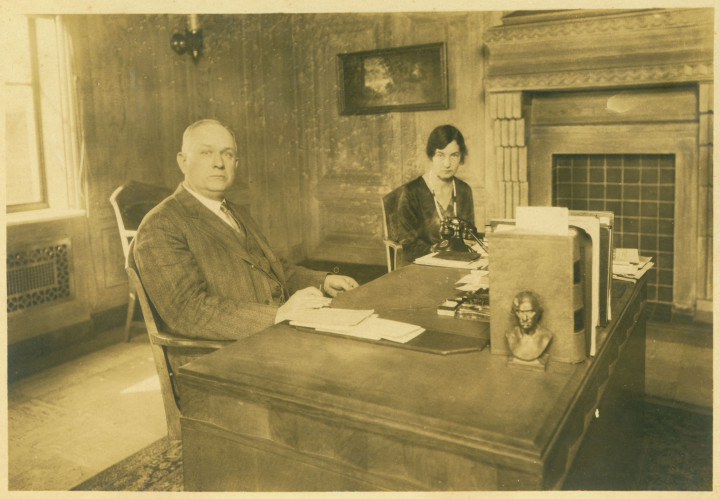 TRAGIC FIGURE: Two-term Asheville Mayor Gallatin Roberts is shown in his City Hall office (which would recently have been completed) around 1930. The woman shown in the photo is believed to be his secretary from that period, Mrs. Glen B. Morris. On Feb. 25, 1931, four days after his indictment by a grand jury on corruption charges related to mismanagement of city funds, Gallatin committed suicide. Photo courtesy of the North Carolina Collection, Pack Memorial Public Library