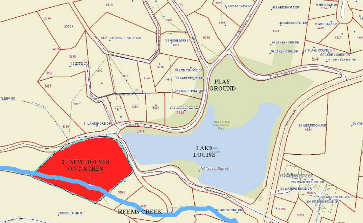 REJECTED: Map shows the proposed Lake Louise development (in red). A local citizens group successfully opposed the project.