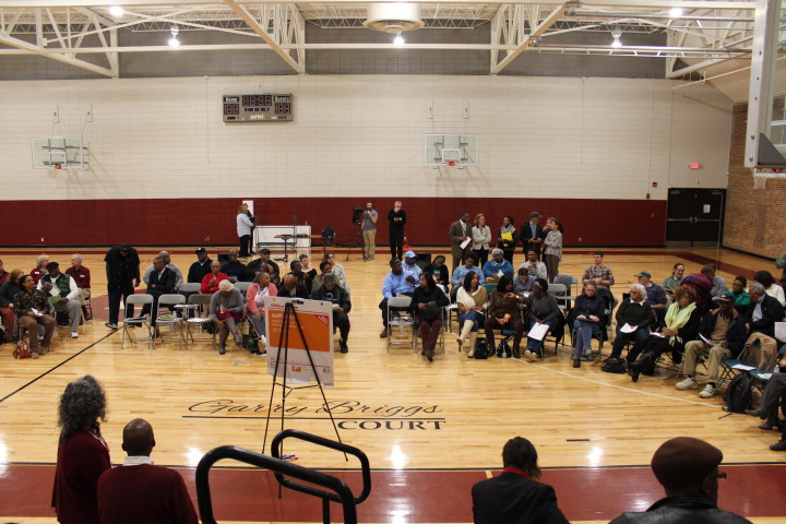 CROWD CONTROL: Over 100 people gathered in the gym of the Edington Center on Livingston Street for the town hall meeting. Photo by Virginia Daffron