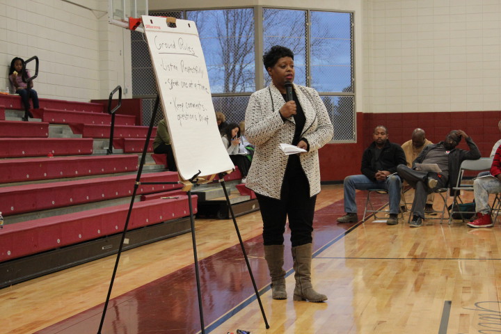 COMING TOGETHER: Local historian Priscilla Ndiaye, who also chairs the Southside Advisory Board, thanked community members for coming and stressed the importance of their participation in the process. Photo by Virginia Daffron