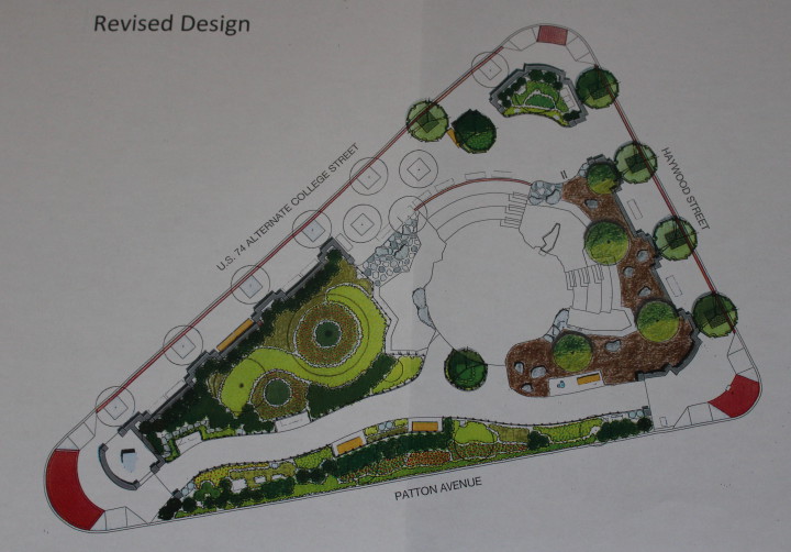 City Council approved revised renovation plans for Pritchard Park, including a mulched area with "boulder seating" along Haywood Street. Image courtesy of the city of Asheville.