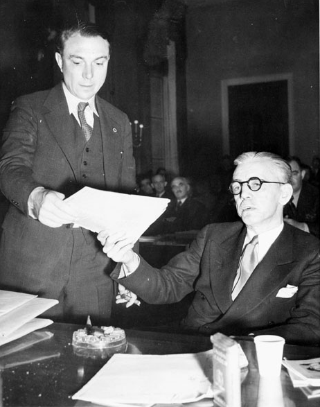UNDER INVESTIGATION: Robert B. Barker, left, was the investigator for the House of Representatives Special Committee on Un-American Activities. William Dudley Pelley, right, was his primary focus. This photo was taken between Feb. 6 and Feb. 10, 1940, during a public hearing before the Special Committee on Un-American Activities.   Photo courtesy of North Carolina Collection, Pack Memorial Public Library, Asheville, North Carolina