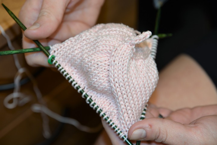 A Knitted Knocker, a cotton prosthesis for women who lost a breast to cancer. It is filled with polyester fiberfill and worn in a bra.