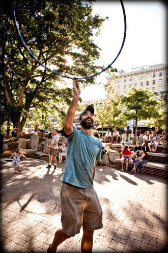 Rob Grader, known as the cosmic hooper, manufactures high-quality, moderately priced lighted hoops. Photo by Hokey Pokey